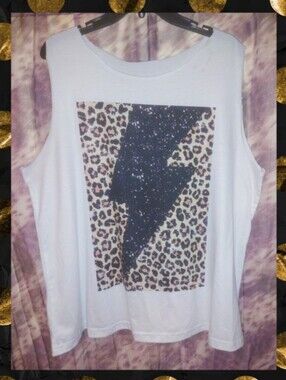 White w/Multicolor Leopard & Lightening Bolt Soft Knit Tank Top w/Raw Hems Sz 2X